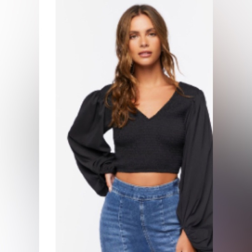 Smocked Balloon-Sleeve Crop Top